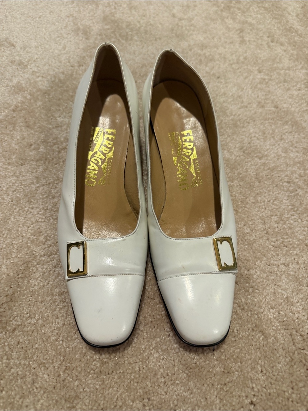 Salvatore Ferragamo White Leather Block Heel Pumps with Gold Accent